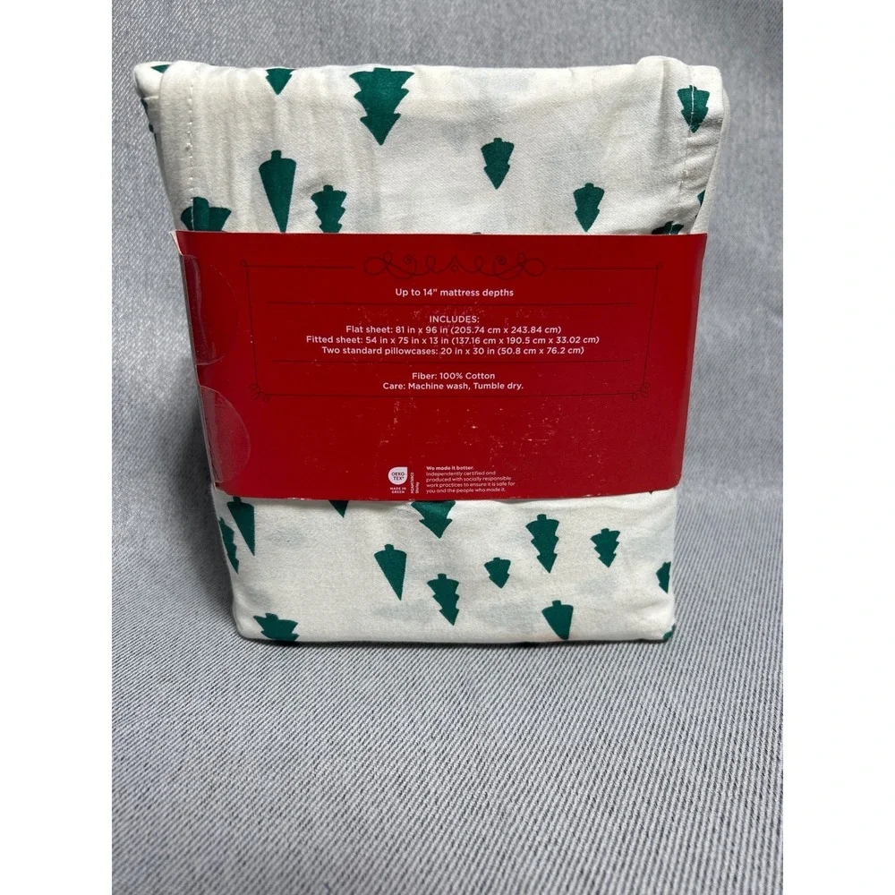 Wondershop Full Cotton‎ Sheet Set White Green Christmas Pine Tree 200 Thread
